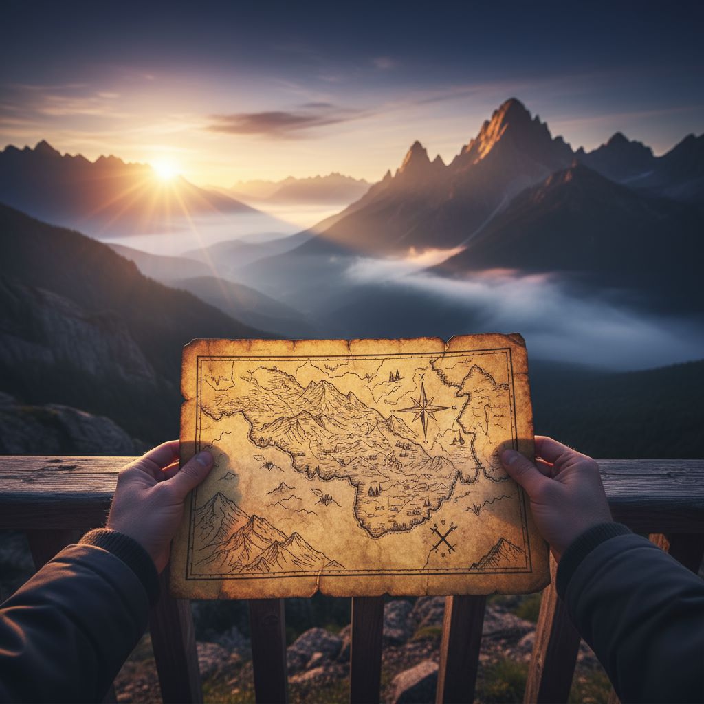 AI generated first-person view holding map over mountain valley at sunrise