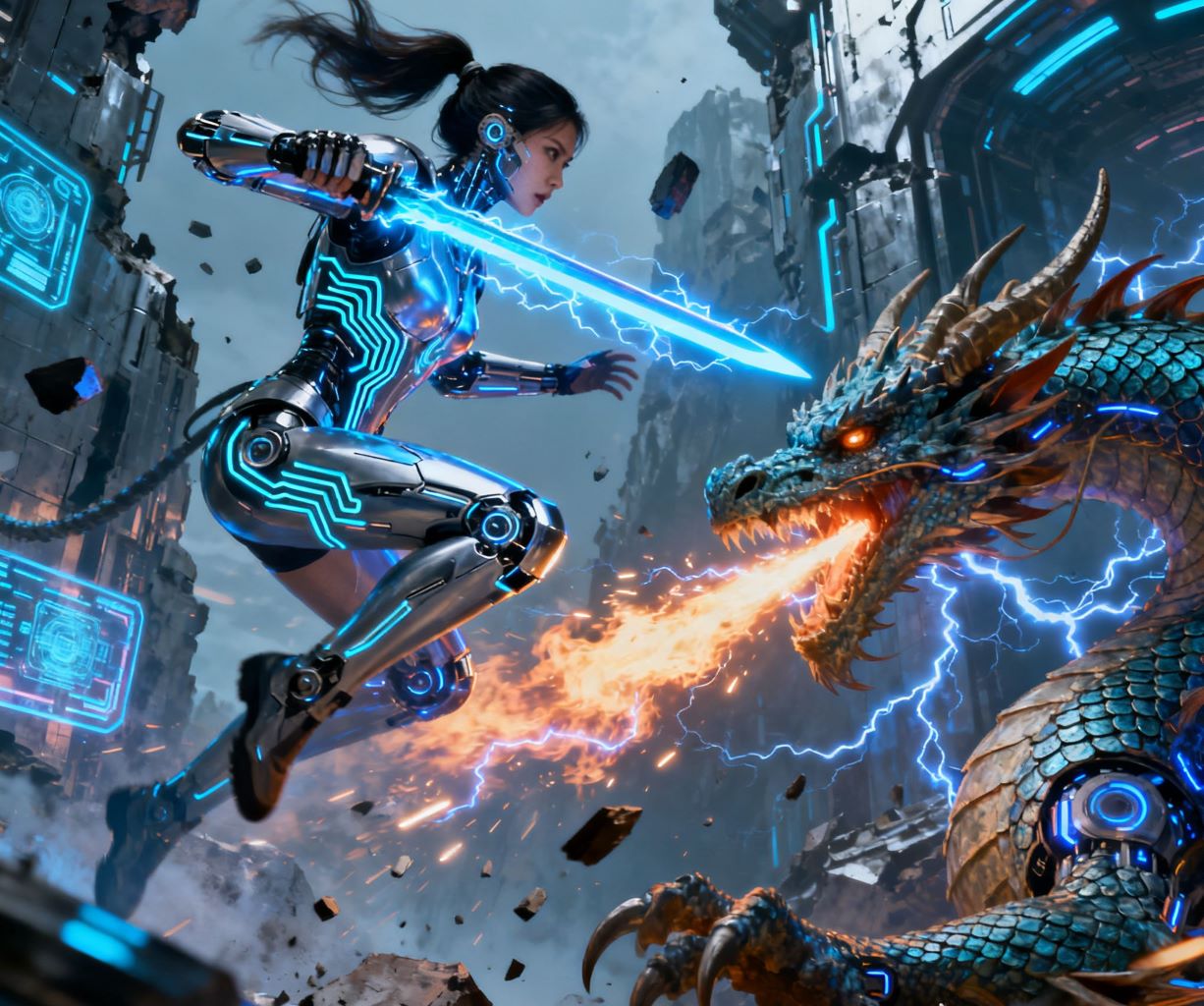 AI generated female cyborg warrior wielding a glowing energy sword against a dragon