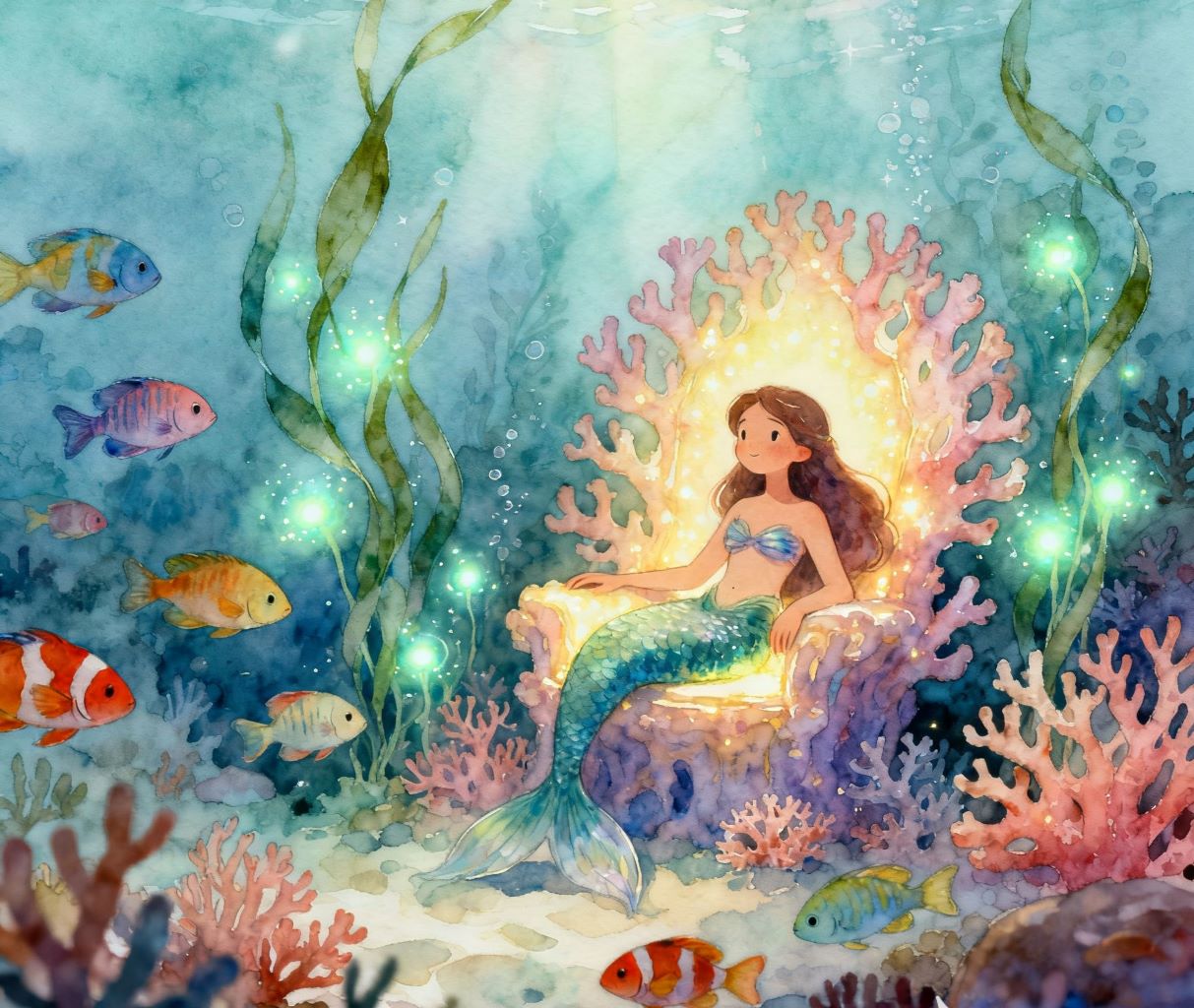 AI generated underwater coral reef scene with colorful tropical fish and a mermaid lounging on a glowing coral throne